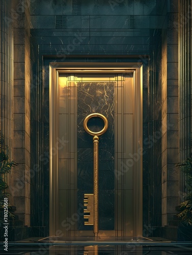 Conceptual D Visualization of a Grandiose Golden Key Unlocking a Luxurious Bank Portal Symbolizing Unlocking of Financial Opportunities