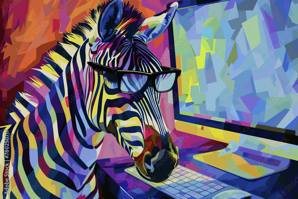 A zebra wearing glasses is sitting in front of a computer monitor