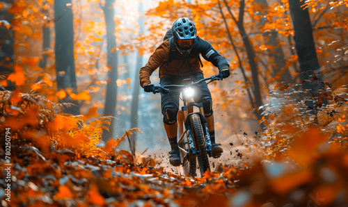 Dynamic Mountain Biking in Fall Woods - Vibrant Action Amidst Glowing Nature Trail © Bartek