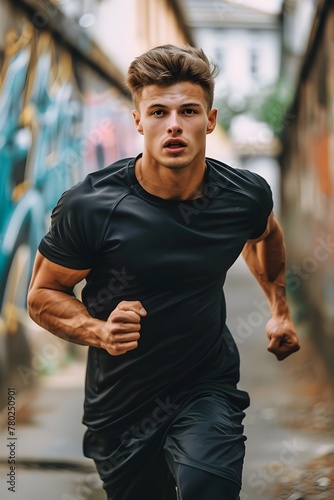 Determined Muscular Sportsman Running in Urban City Street with Vigor and Energy