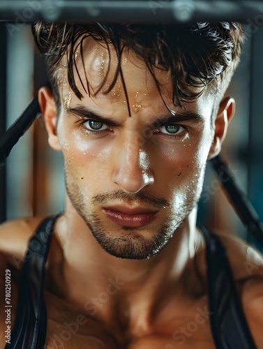 Portrait of a Determined Young Sportsman with Motivational Expression During an Intense Workout Session