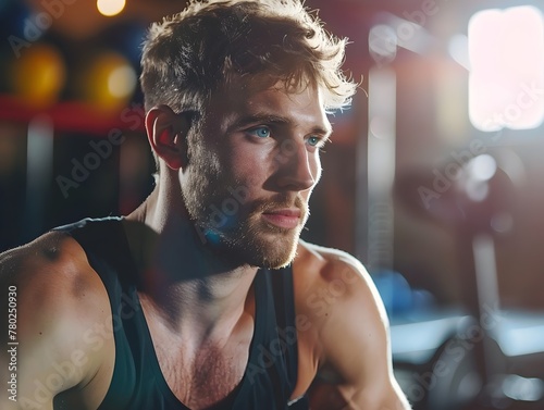 Intense Fitness Portrait of a Determined and Athletic Man Focused on His Strength Training Routine in a Stylized Gym Setting