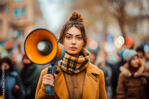 A young woman with a megaphone speaks to a crowd at an urban protest rally, embodying leadership and activism. © apratim