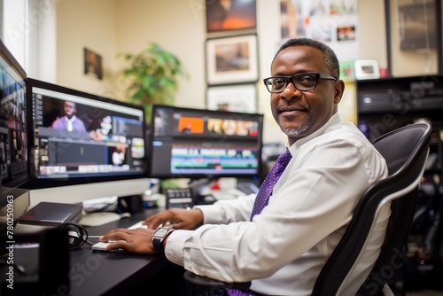 A professional video editor working in a multimedia editing suite filled with screens and advanced editing software. photo