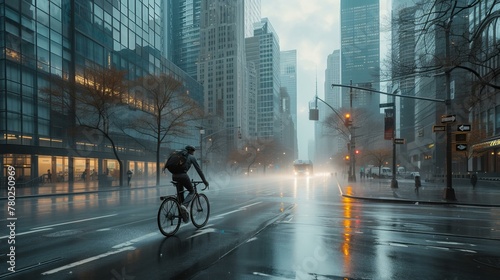 A cyclist traversing a rain-slicked street in a bustling cityscape The rain adds a reflective quality to the scene, AI Generative © sorapop