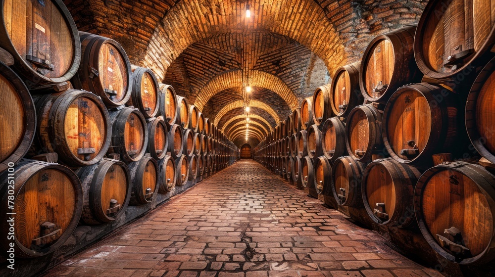 Ancient wine cellar, barrels lining the stone walls, a testament to Italy's rich winemaking heritage, AI Generative