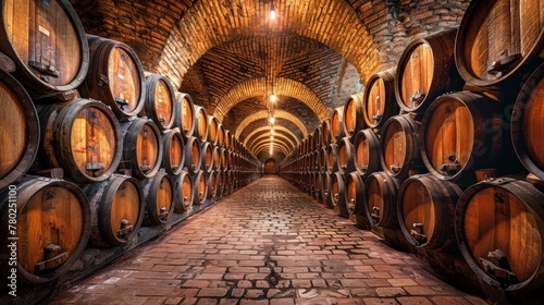 Ancient wine cellar  barrels lining the stone walls  a testament to Italy s rich winemaking heritage  AI Generative