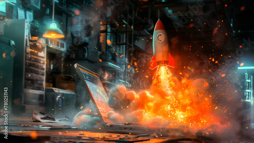 A conceptual image of a rocket launching from a laptop, symbolizing a powerful startup or innovative project taking off.