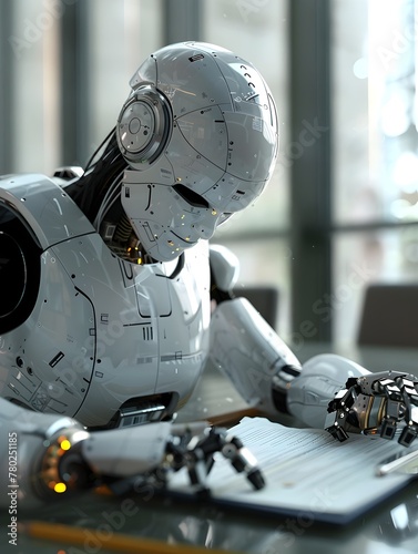 Financial Advisor Robot Analyzing Data Streams in Futuristic Office Setting
