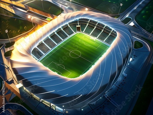 Breathtaking D Rendered Soccer Stadium at Sunset with Captivating Architectural Design and Dramatic Atmosphere