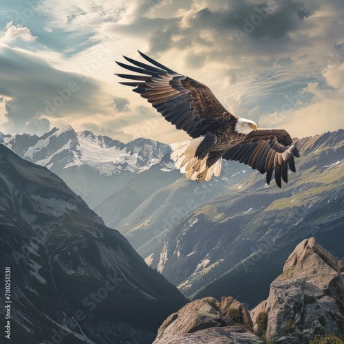 Majestic eagle in flight over a rugged mountain landscape, showcasing the grace and power of natur, AI Generative