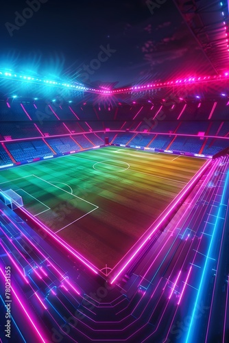 Neon Lit D Soccer Stadium with Vibrant Colorful Lighting and Dynamic Energy for Night Game Event