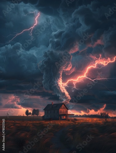 Defiant Farmhouse Stands Tall Against Menacing Tornado and Electrifying Lightning in the Dramatic Countryside Landscape