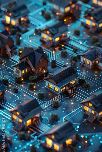 Digital Currency Flowing Through Futuristic Pipe Network Into Smart Homes Representing Modern Banking Solutions