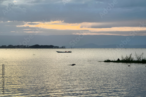 The landscape of Kenya is beautiful In the evening sunset. Peaceful view on lake Naivasha. Africa. Kenya