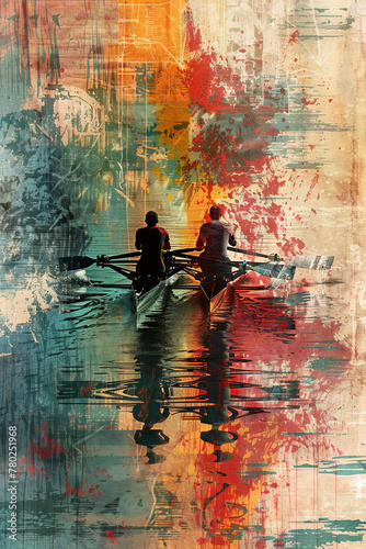 Two people are rowing a boat in a river