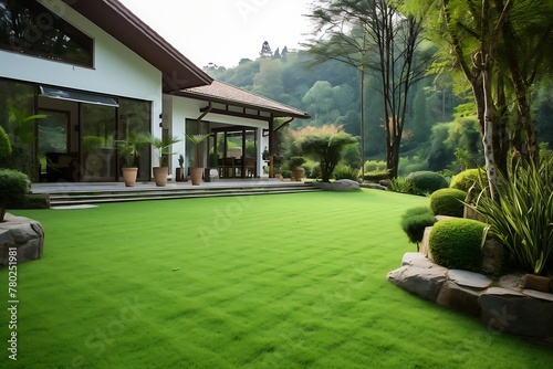 Luxury villa in the garden with green grass on the lawn