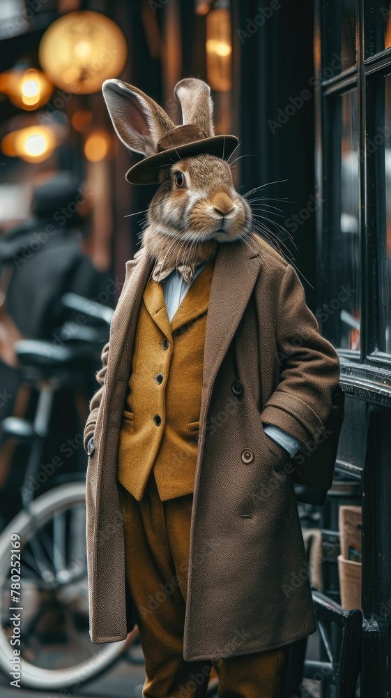 Stylish hare hops through city streets with tailored flair, epitomizing street style. The realistic urban backdrop frames this fashionable lagomorph, merging natural charm with contemporary elegance i