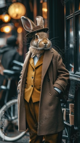 Stylish hare hops through city streets with tailored flair  epitomizing street style. The realistic urban backdrop frames this fashionable lagomorph  merging natural charm with contemporary elegance i