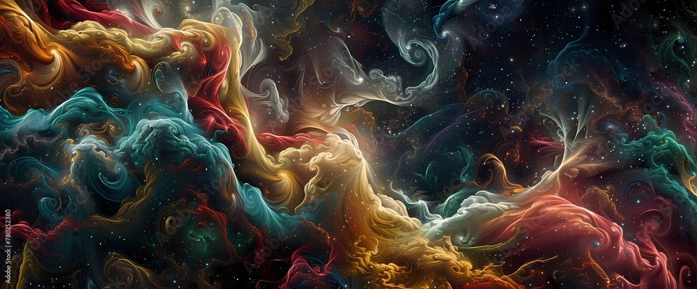 Vibrant tendrils of color weave intricate patterns across the canvas of space, a celestial tapestry unfolding in silent reverence. - obrazy, fototapety, plakaty 