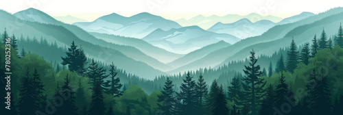 green forest landscape, illustration of a green pine tree forest with mountains, green forest watercolor baackground photo