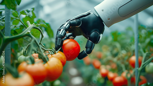 Smart farming agricultural technology robotic arm harvesting in a greenhouse. A robot arm picks red tomato in a greenhouse. Future technologies in agriculture.