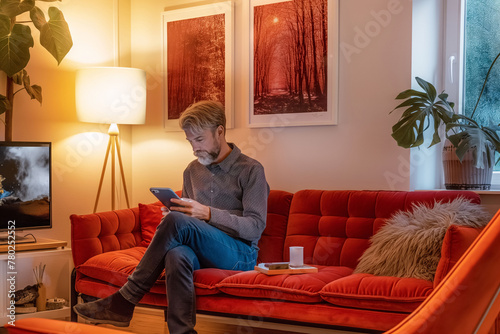 Man sitting on sofa and using tablet