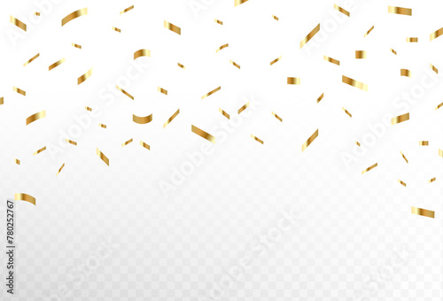 Confetti explosion on a transparent background. Shiny shiny golden paper pieces fly and spread around.