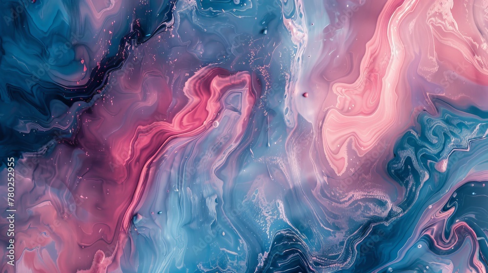 Abstract background with pink and blue swirls of liquid paint. Pastel colored fluid art painting. Modern wallpaper for interior design, decoration, and poster print. - obrazy, fototapety, plakaty 