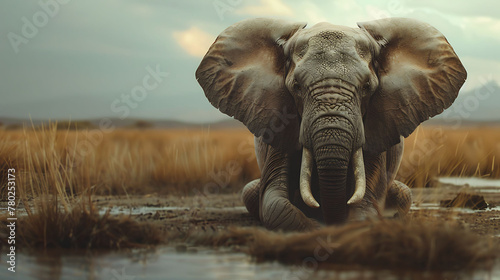 closeup of an Elephant sitting calmly, hyperrealistic animal photography, copy space