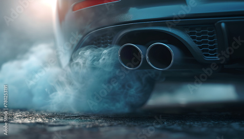 close up view of an automotive exhaust pipe coming out of a car,smokey background, street, flat, rim light