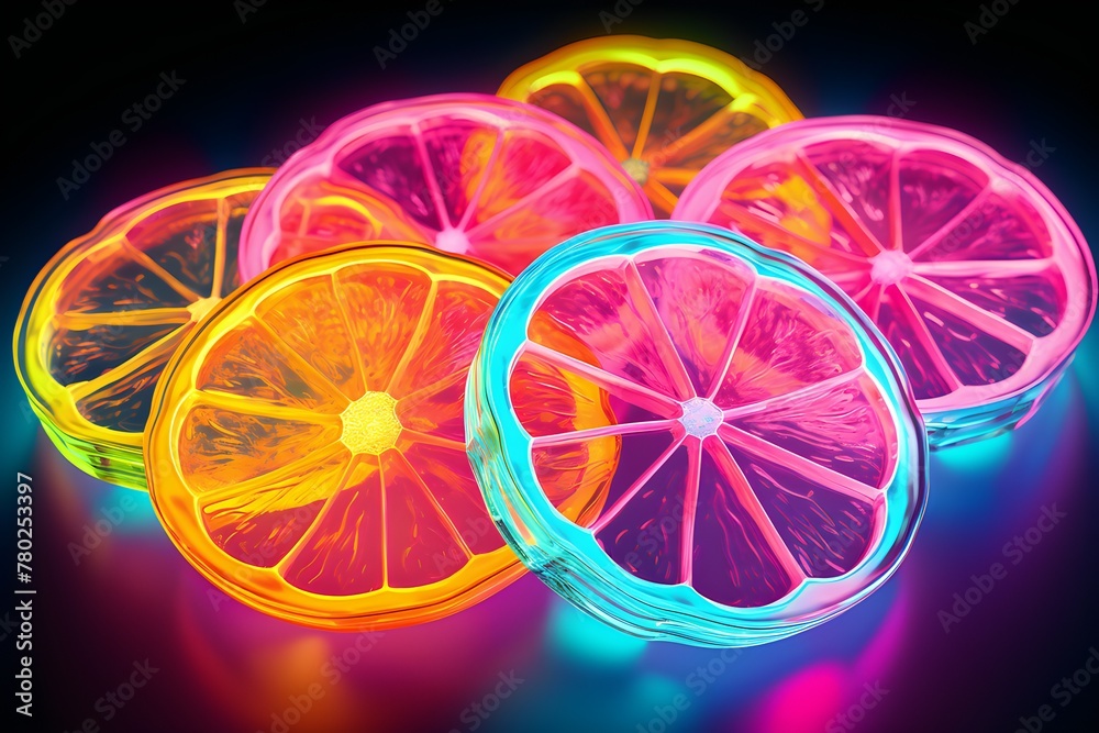 Close-up of multi-colored glowing lemon slices on a black background,  generated by AI. 3D illustration