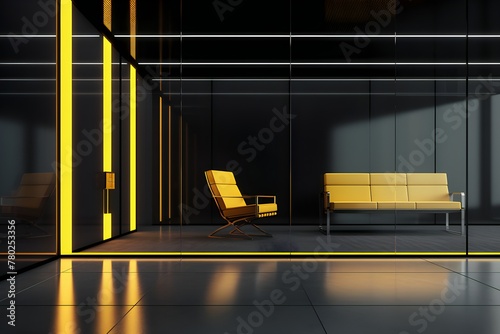 Yellow armchair, sofa on empty wall in simple living room interior, waiting room,  generated by AI © Виталий Сова