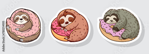 Set of a sloth napping with a donut pillow. Generative AI