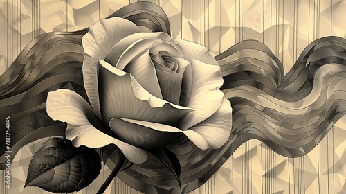 A geometric interpretation of a single rose, where its petals and leaves are represented by crisp, angular lines in a modern line art style.