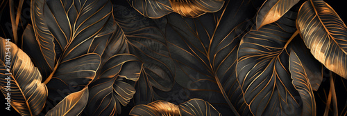 gold leaves, gold tropical leaves, copy space, banner