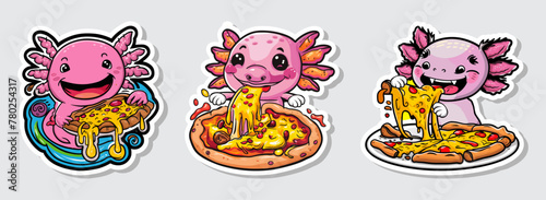 Set of joyful axolotl enjoys cheesy pizza in a lively sticker vector illustration. Generative AI