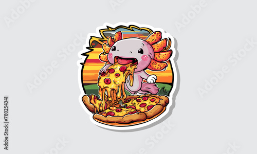 A joyful axolotl enjoys cheesy pizza in a lively sticker vector illustration. Generative AI