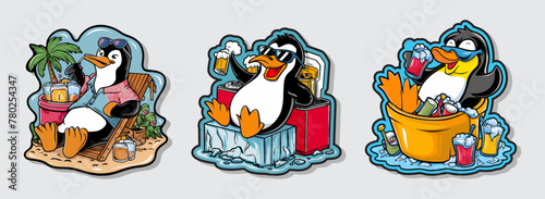 Set of a chill penguin with a cooler on ice radiates relaxation vibes. Generative AI