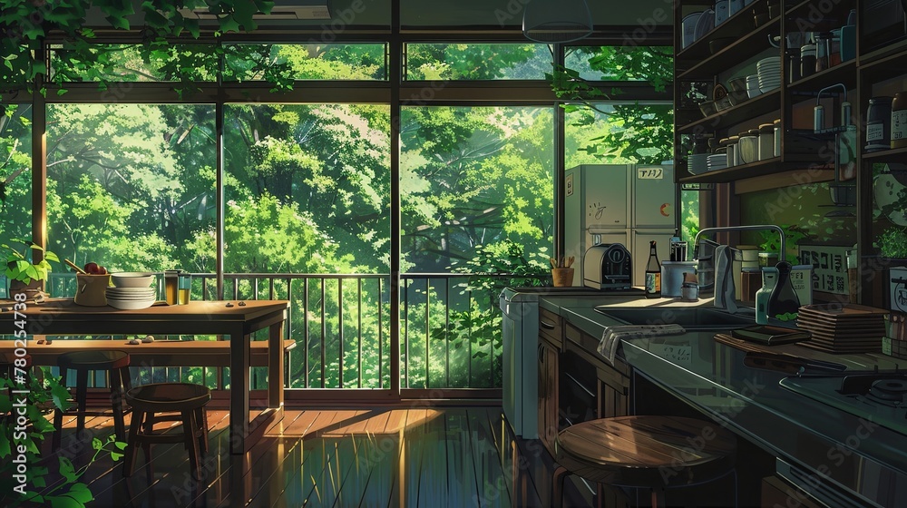 The interior of a modern, well-equipped kitchen with open shelves, bathed in sunlight, overlooking a dense, green forest. Modern Kitchen with Lush Forest View
lofi anime cartoon
The interior of a modern, well-equipped kitchen with open shelves, bathed in sunlight, overlooking a dense, green forest. Modern Kitchen with Lush Forest View
lofi anime cartoon