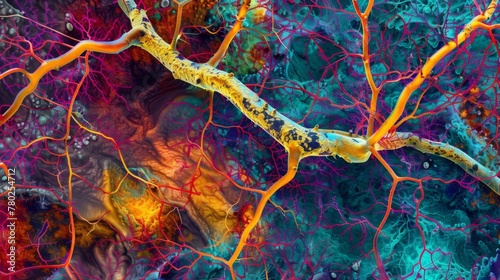 A vibrant colorful image of fungal hyphae intertwined with plant roots in a symbiotic relationship known as mycorrhiza creating a