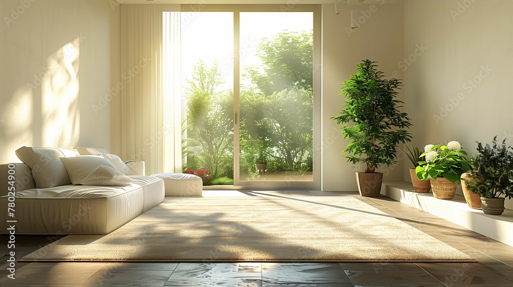 Modern Living Room with Sunlight and Greenery View Modern Living Room with Sunlight and Greenery View