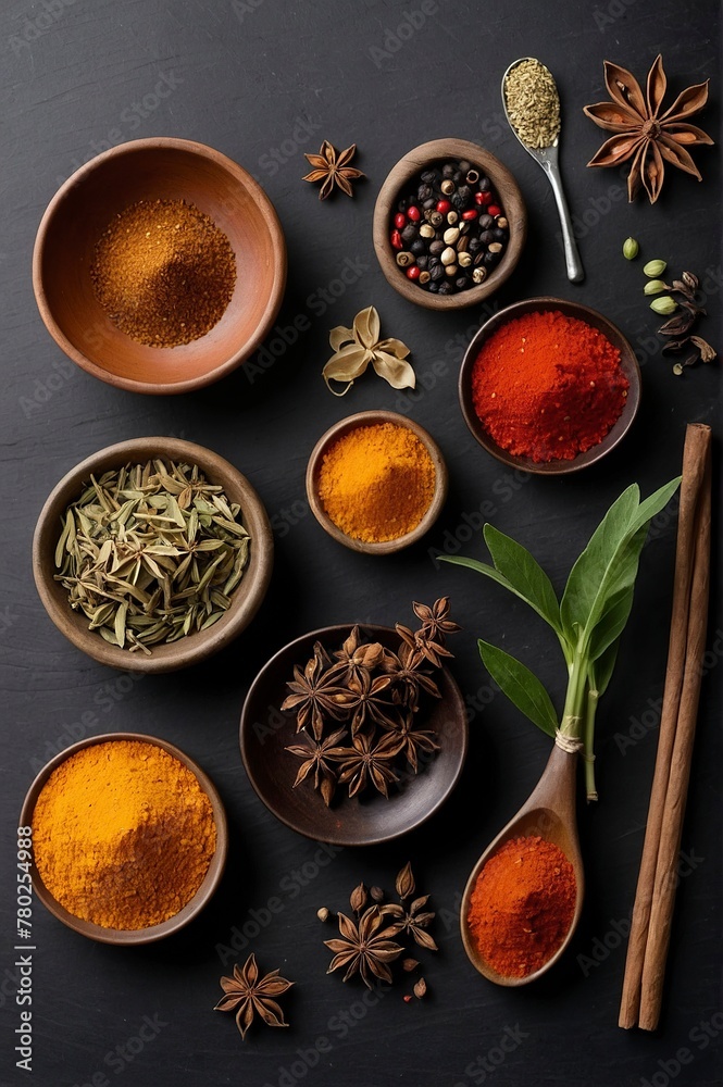 Various oriental spices and spices on a black background.