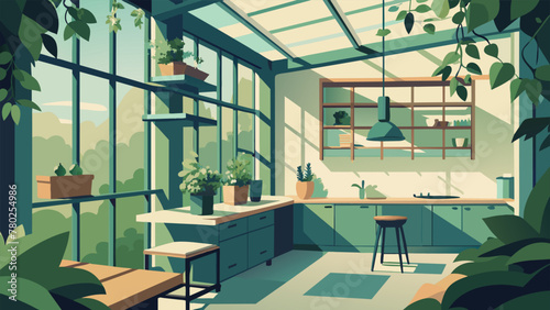 A rustic greenhouseinspired kitchen adorned with shelves of fresh herbs a vertical garden wall and a cozy seating area surrounded by creeping