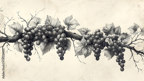 A minimalist line art drawing focusing on the elegant structure of grapevines, with detailed leaves and grape clusters. photo