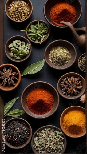 Various oriental spices and spices on a black background.