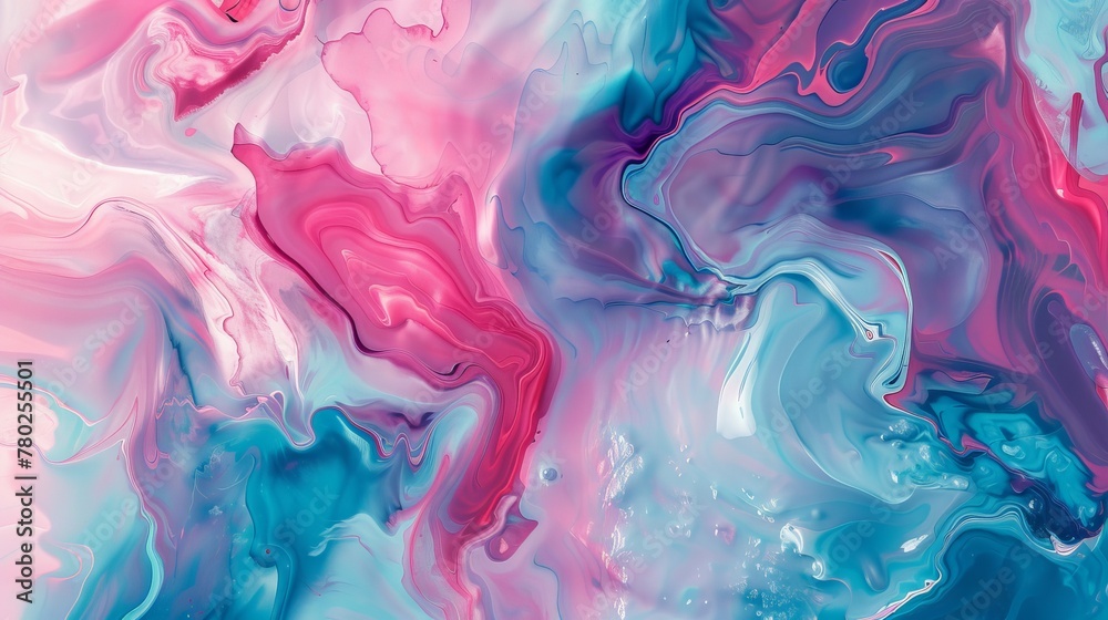 Abstract background with pink and blue swirls of liquid paint. Pastel colored fluid art painting. Modern wallpaper for interior design, decoration, and poster print.