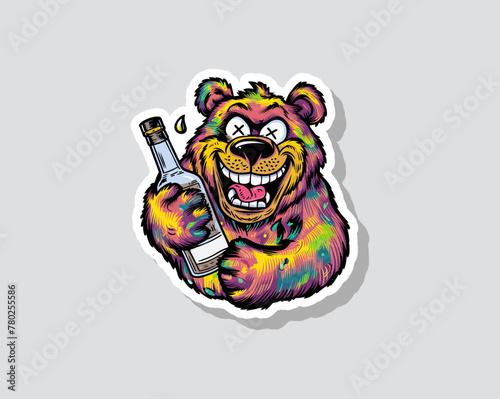 A bear holding a vodka bottle in a vector illustration. Generative AI