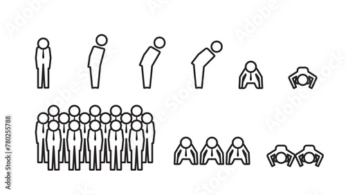 Pictogram of a human figure, set of apology poses of a businessman wearing a tie, line width variable