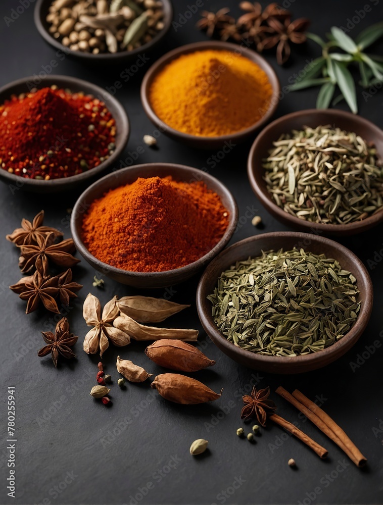 Various oriental spices and spices on a black background. Various oriental spices and spices on a black background.